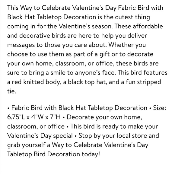 Way to Celebrate Valentine’s Day fabric Bird with black tabletop decoration. - Picture 7 of 8